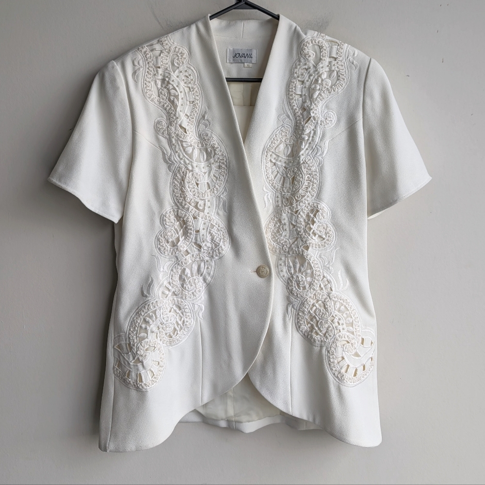 Jovani Pearl Embroidered Short Sleeve Blazer Jacket - Ivory White